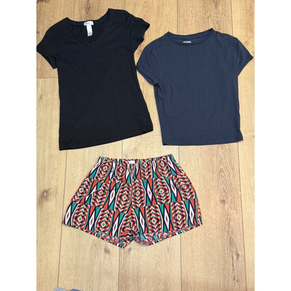 Sofra Wild Fable Women T-Shirt and Shorts Set Black Navy Tribal Print 3pc Bundle
